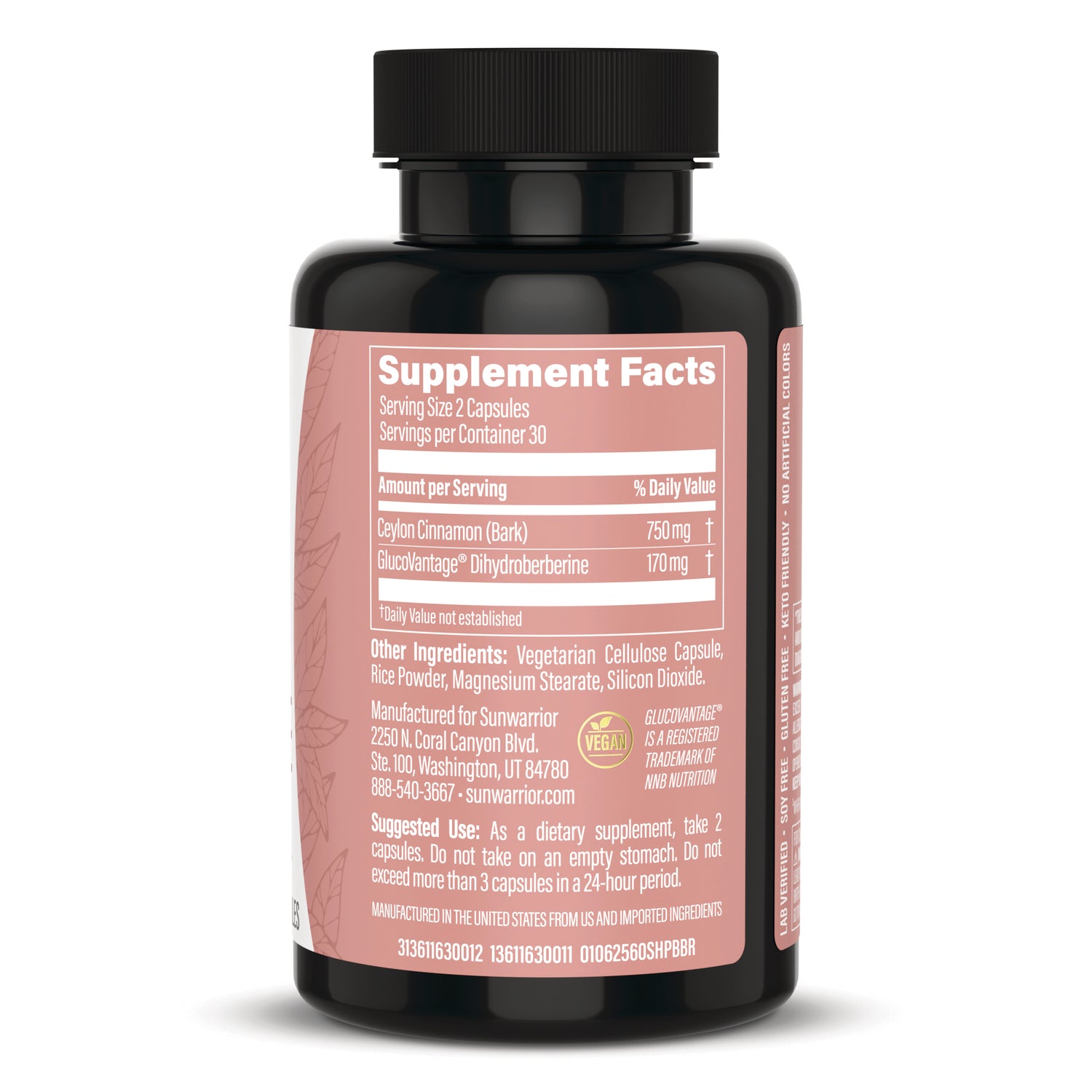 SNW055 | Back label with Supplement Facts, Ceylon Cinnamon 750 mg and GlucoVantage dihydroberberine 170 mg