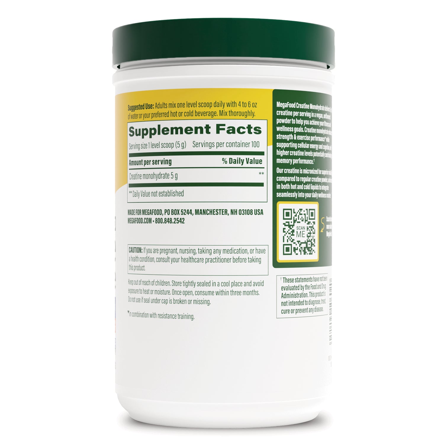 MGF148 | Back of white supplement tub showing Supplement Facts panel, caution text and QR code