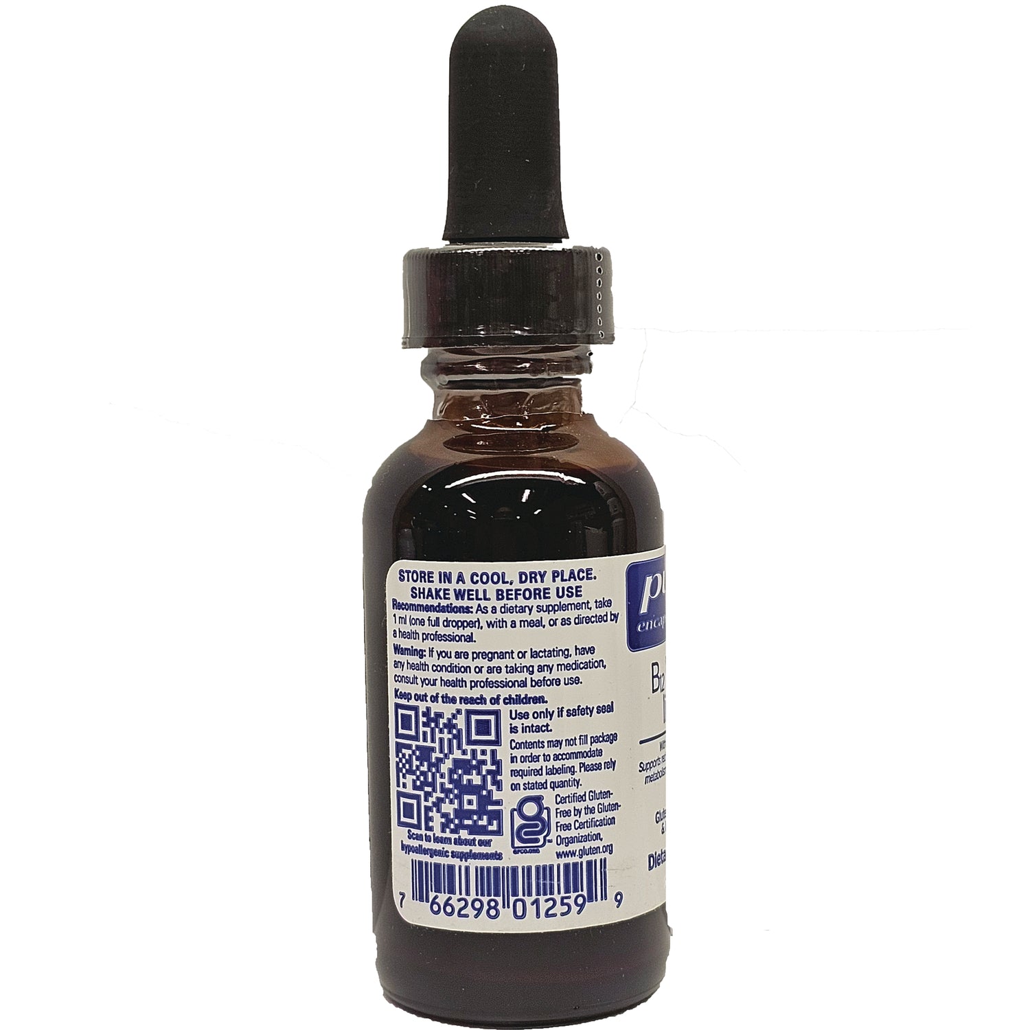 PRN010 | amber dropper bottle back label showing storage instructions, QR code and barcode