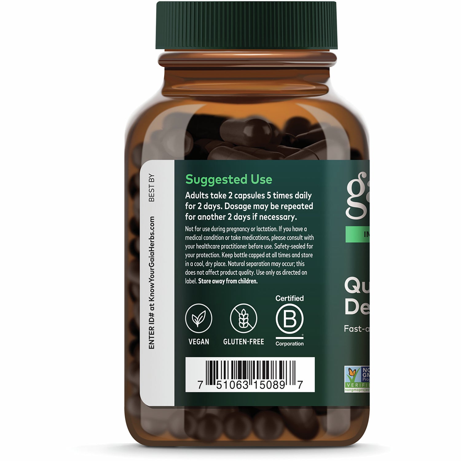 Bottle back label showing SUGGESTED USE instructions, barcode, social icons, and certification logo