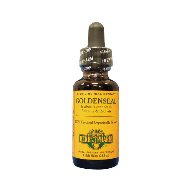 HPH016 | amber dropper bottle of GOLDENSEAL liquid herbal extract 1 fl oz by Herb Pharm, yellow label