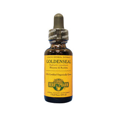 HPH016 | amber dropper bottle of GOLDENSEAL liquid herbal extract 1 fl oz by Herb Pharm, yellow label