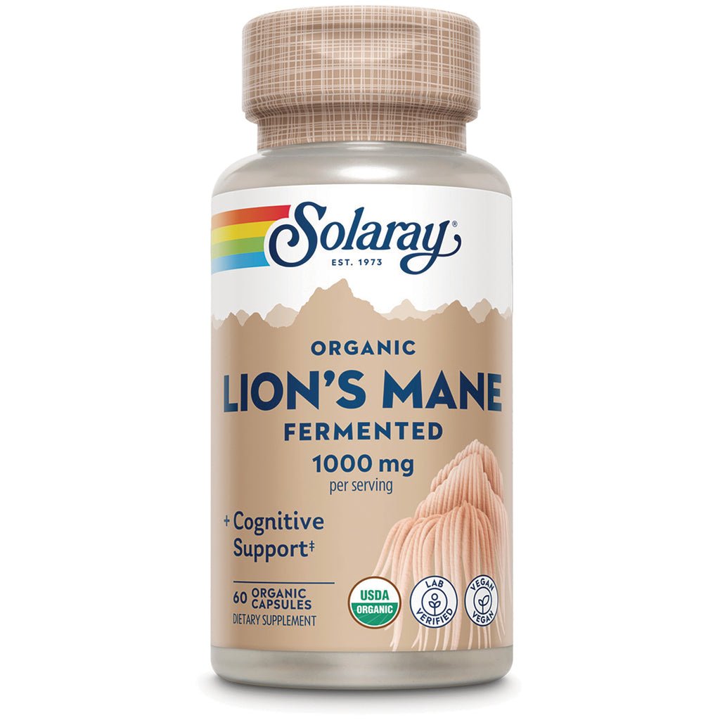 SLR461 | Solaray Organic Lion's Mane fermented dietary supplement bottle, 1000 mg per serving, 60 capsules - Thumbnail