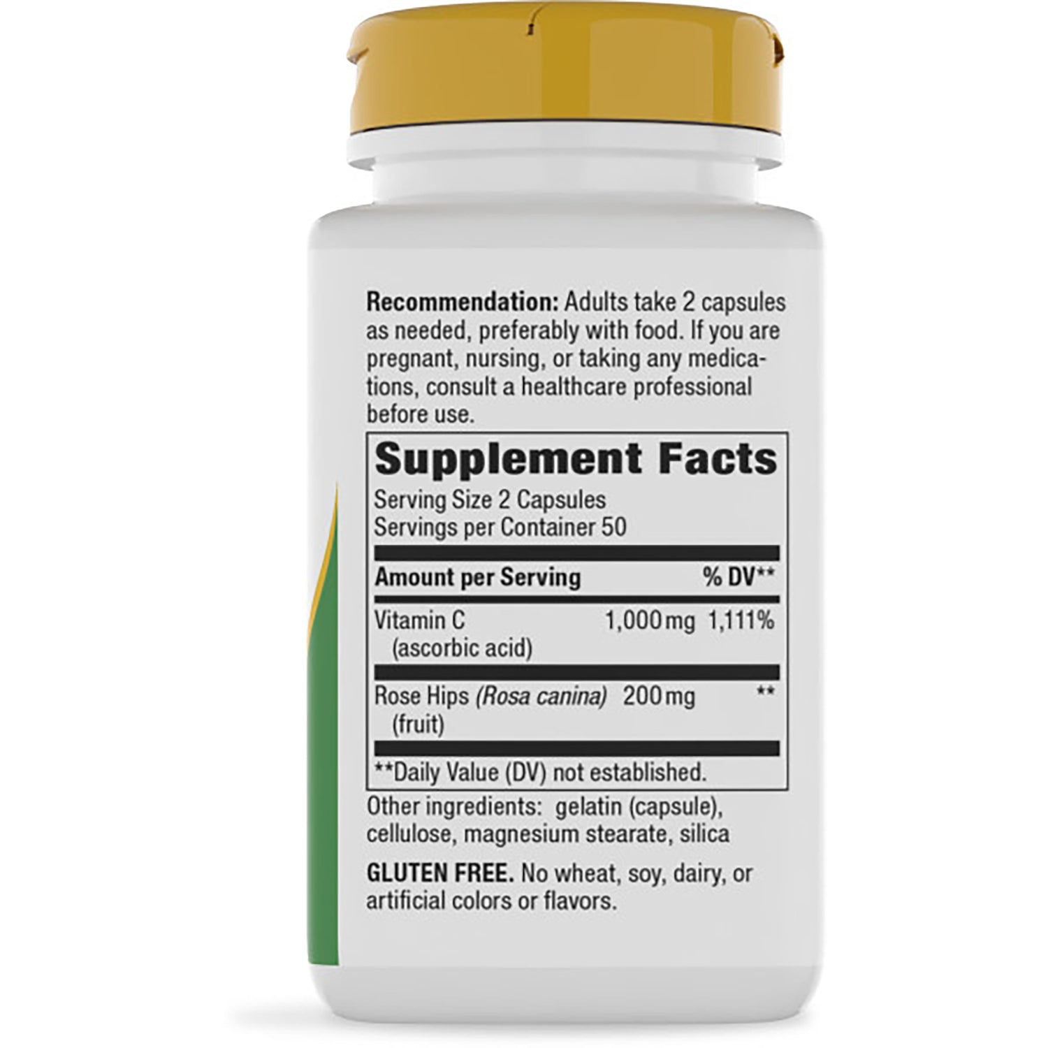 NW750 | back of brown supplement bottle showing Supplement Facts label with Vitamin C 1,000 mg and serving size 2 capsules
