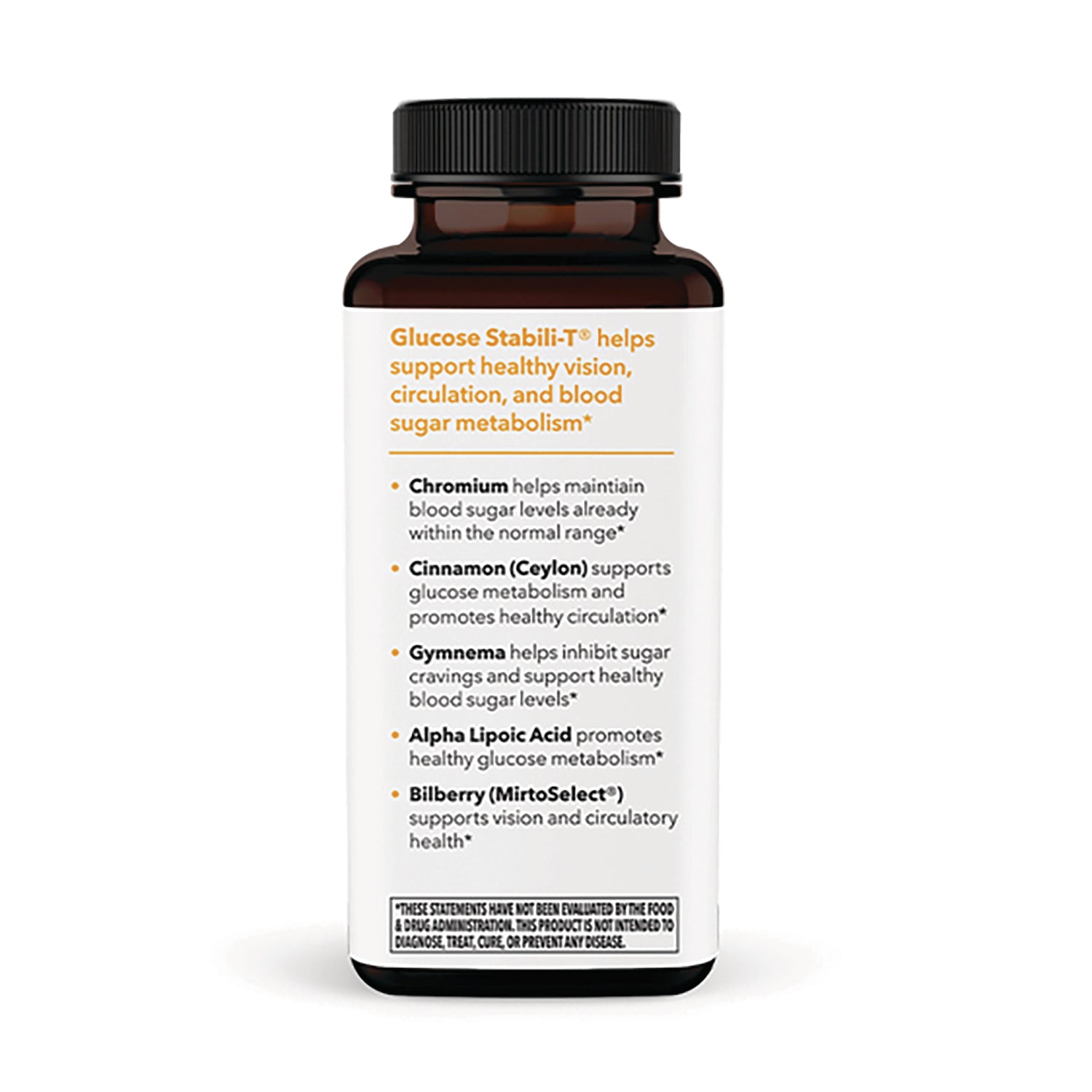 LSS003 | Back label of brown supplement bottle listing ingredients and benefits: Chromium, Cinnamon (Ceylon), Gymnema, Alpha Lipoic Acid, Bilberry