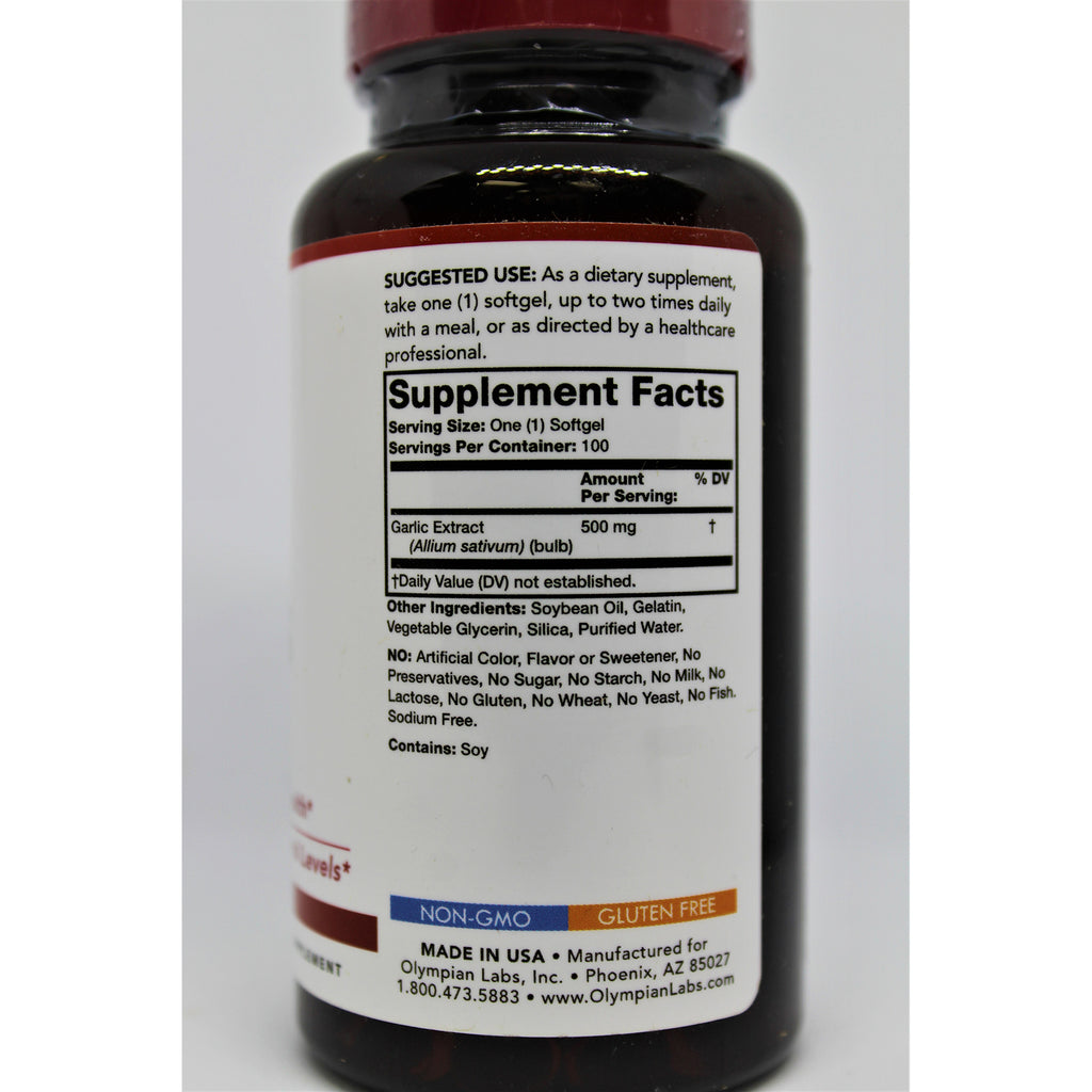 OL067 | Back label with Supplement Facts showing Garlic Extract 500 mg, serving size one softgel and other ingredients - Thumbnail