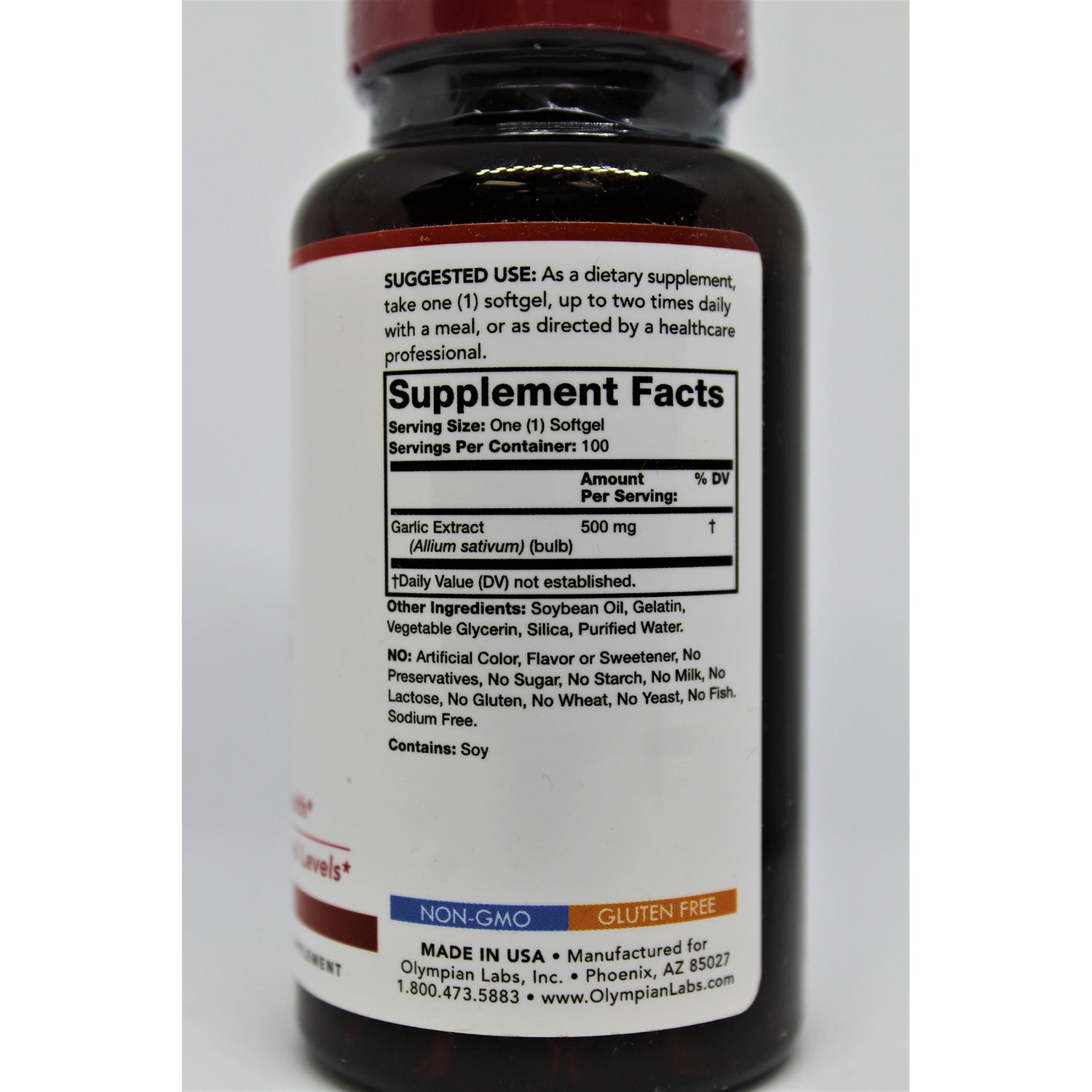 OL067 | Back label with Supplement Facts showing Garlic Extract 500 mg, serving size one softgel and other ingredients