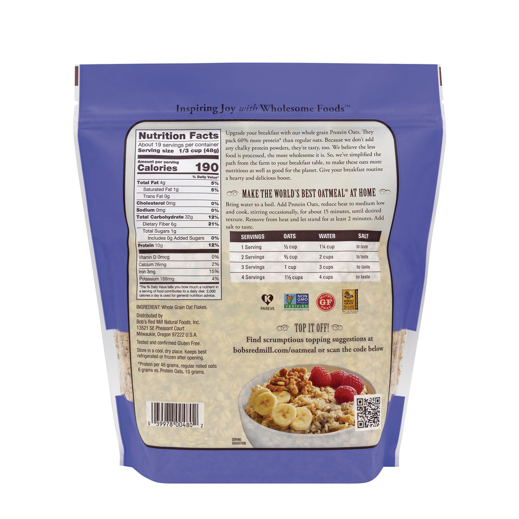 BOB475 | Back of resealable oatmeal pouch showing nutrition facts, serving chart, ingredients and barcode - Thumbnail