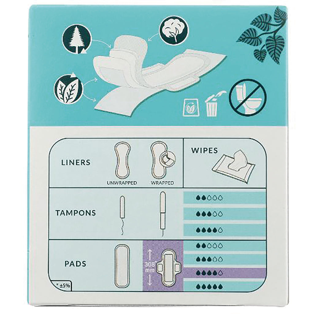 NCR010 | Back panel showing disposal icons, LINERS WIPES TAMPONS PADS chart with absorbency symbols - Thumbnail