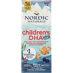 NRN101 | Nordic Naturals Children's DHA xtra berry punch 2 fl oz fish oil supplement front packaging with illustrated goldfish and #1 Fish Oil Brand in the USA label