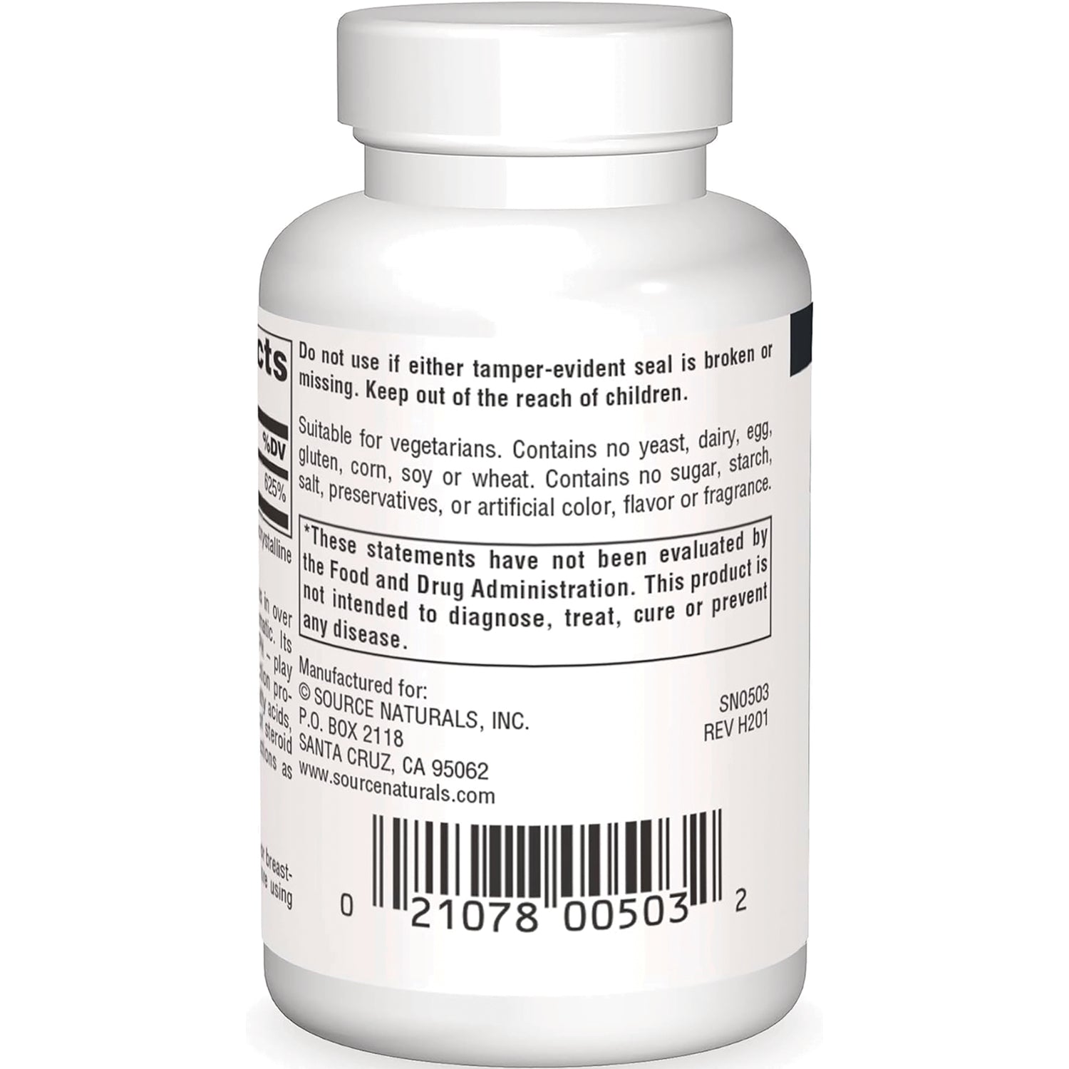 SN899 | Back label with warnings, vegetarian suitability statement, FDA disclaimer, and barcode