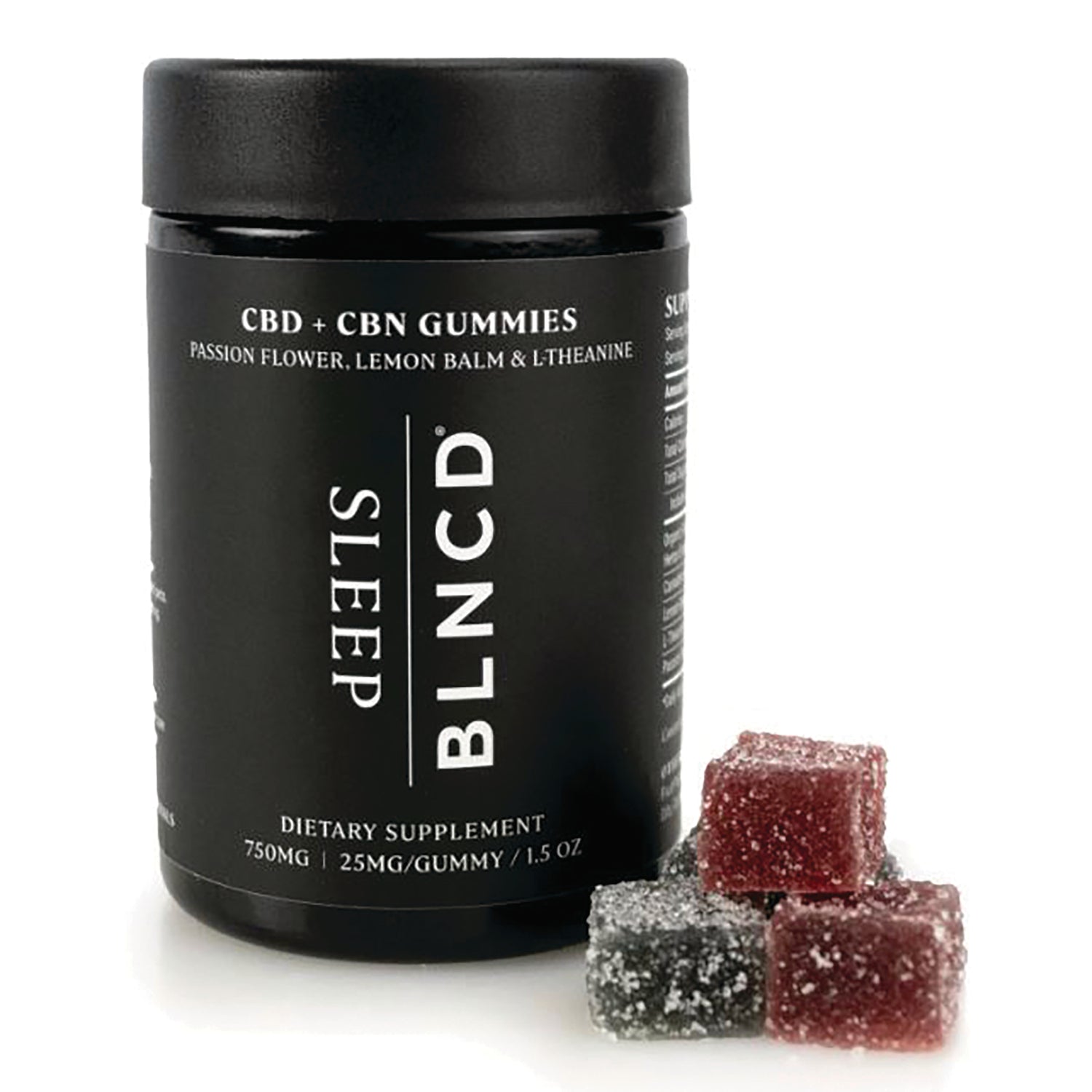 BLN011 | Black jar labeled BLNCD Sleep CBD + CBN Gummies dietary supplement with three sugar-coated gummy cubes