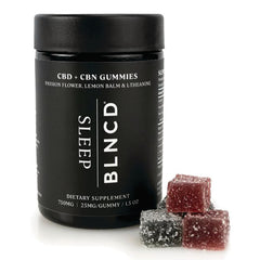 BLN011 | Black jar labeled BLNCD Sleep CBD + CBN Gummies dietary supplement with three sugar-coated gummy cubes