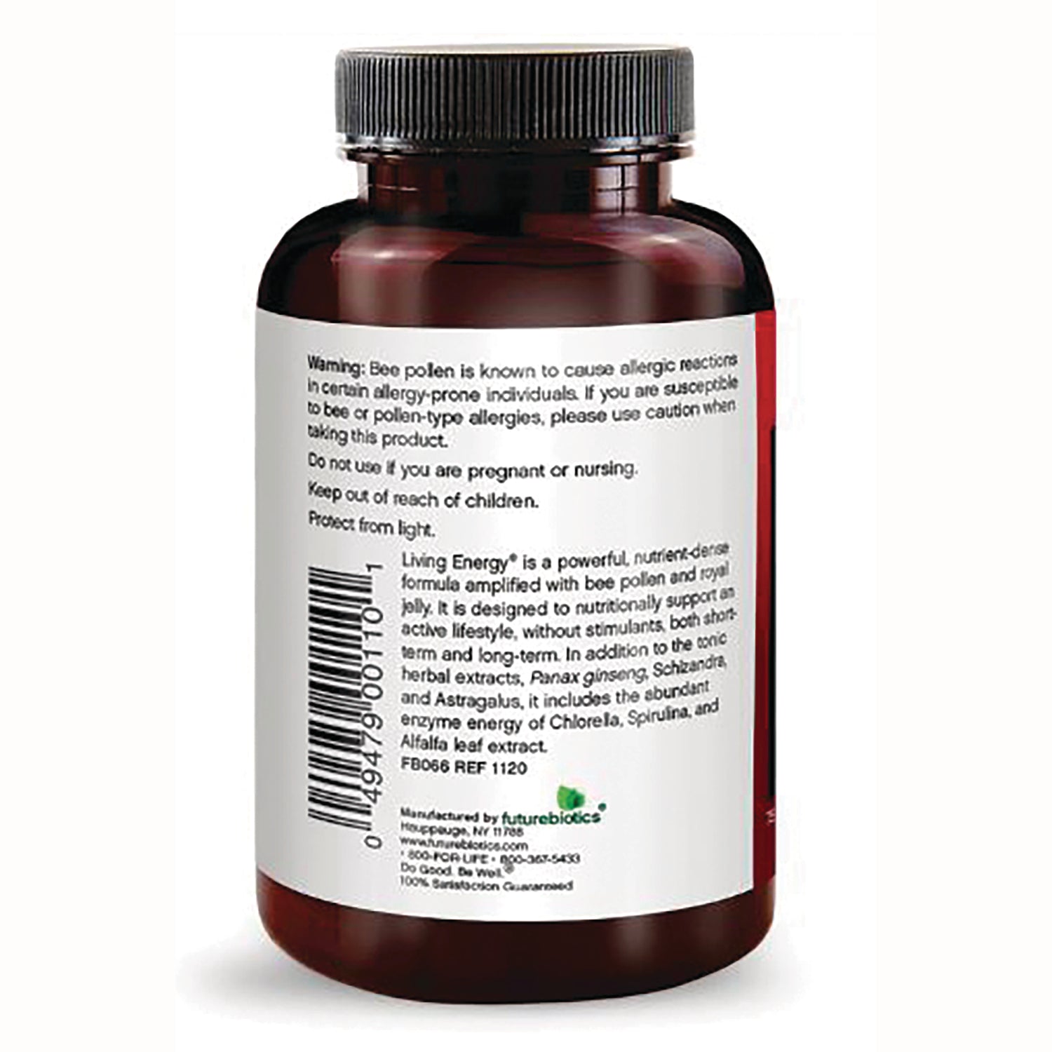 FB078 | Back of brown supplement bottle with white label showing warning text about bee pollen, barcode, and ingredient panel