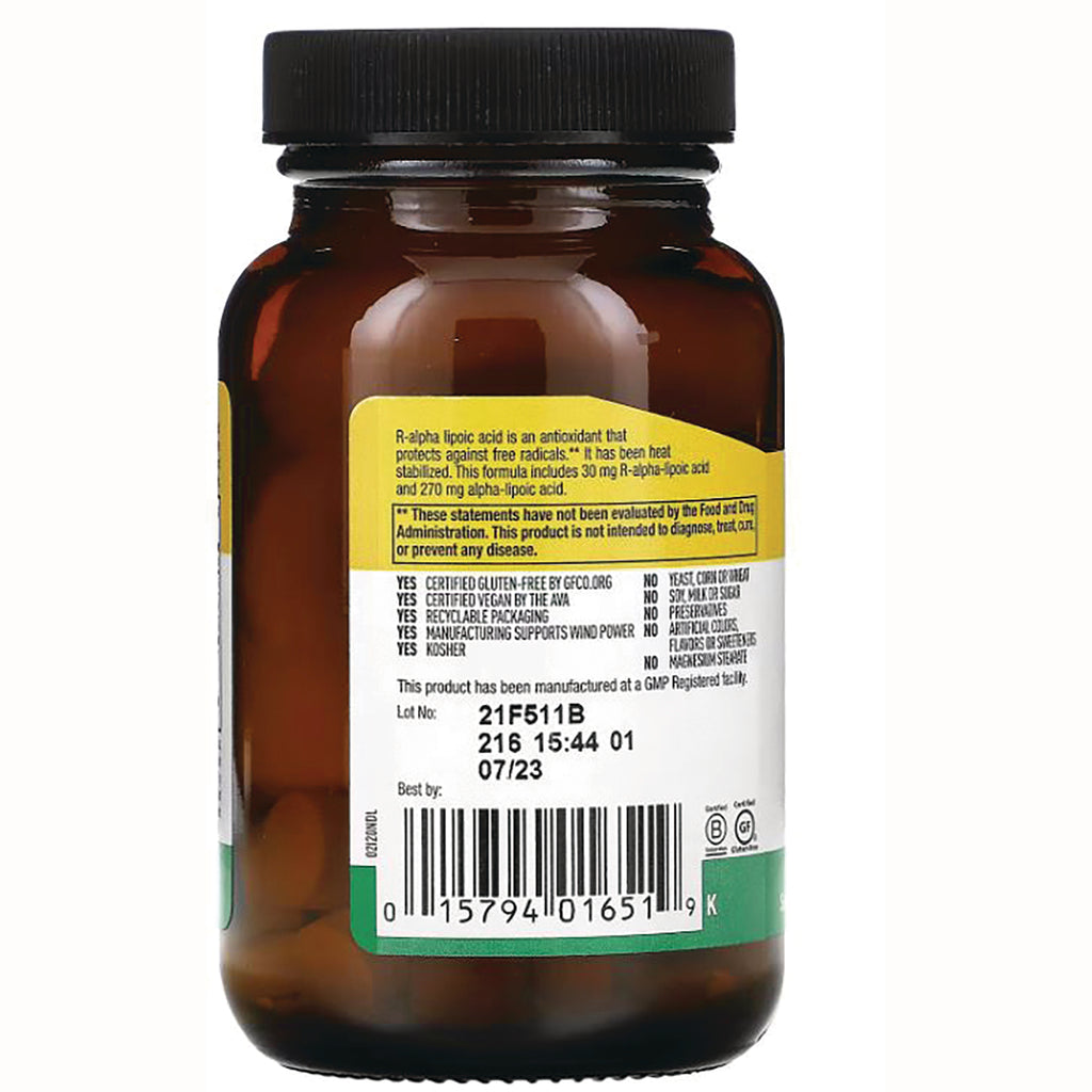 CRL304 | Back of brown glass supplement bottle showing white label with barcode, lot number, and ingredient statements - Thumbnail