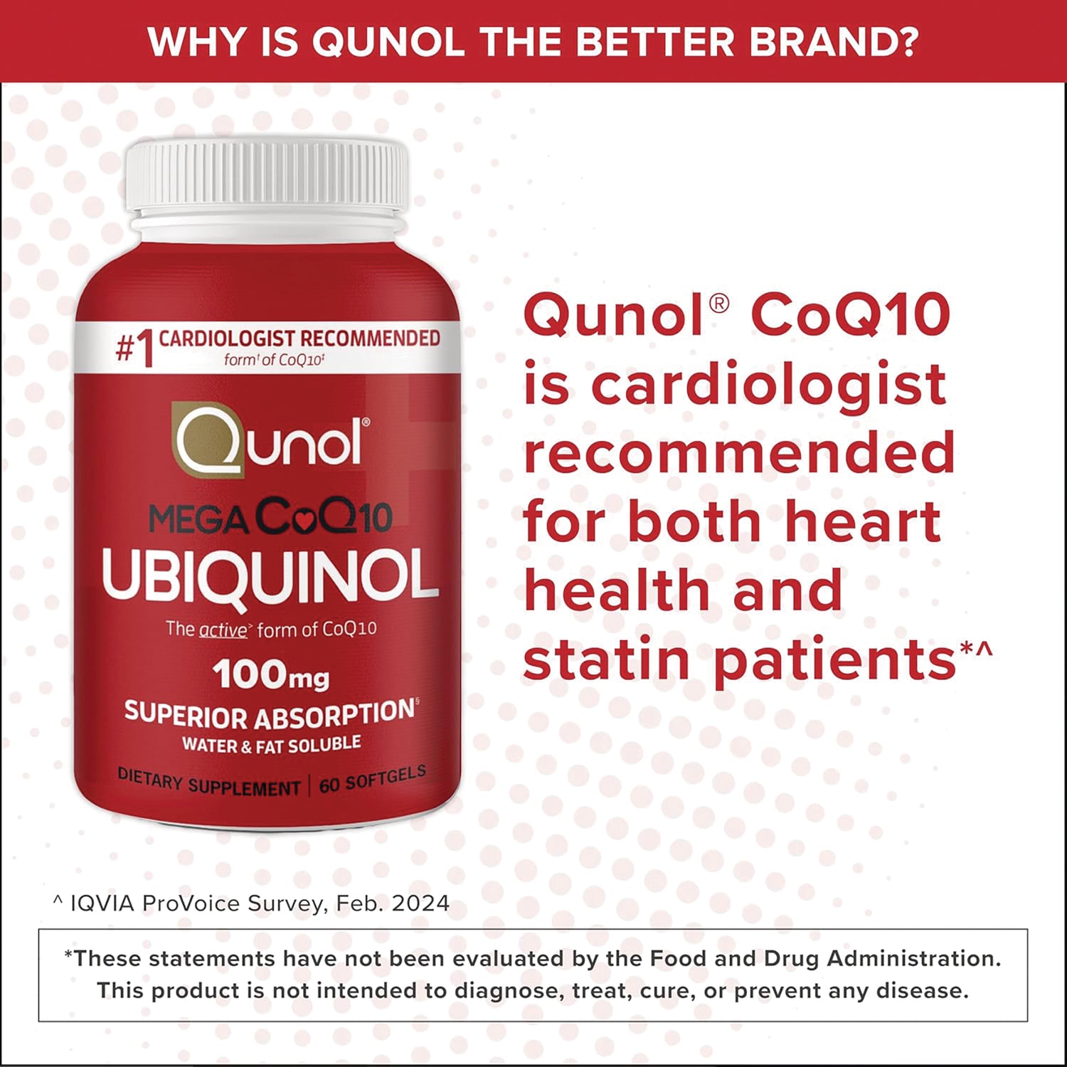 QNL003 | Qunol Mega CoQ10 Ubiquinol 100 mg softgel bottle with claim text about cardiologist recommend