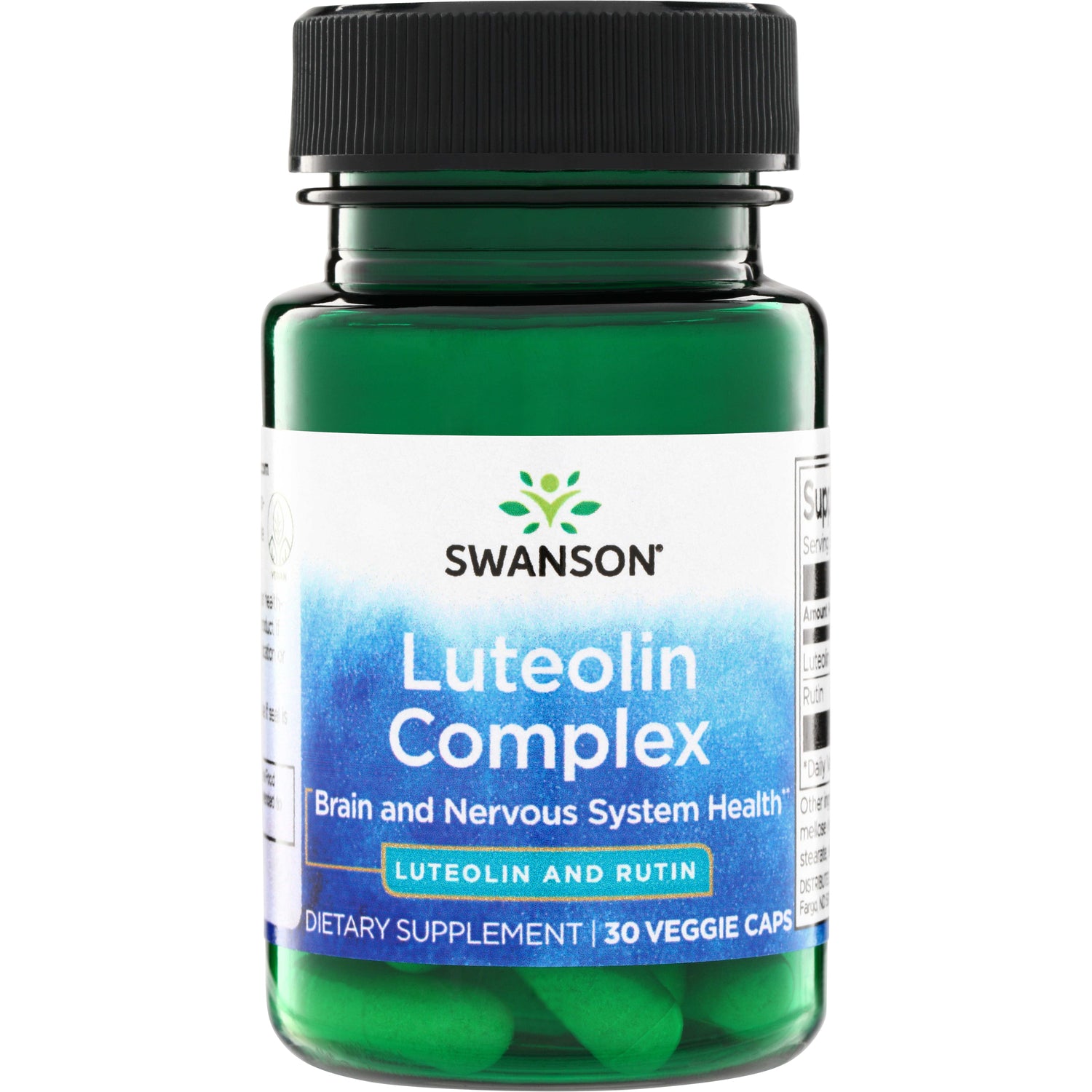 SWU835 | Swanson Luteolin Complex bottle front, Brain and Nervous System Health, Luteolin and Rutin, 30 veggie caps