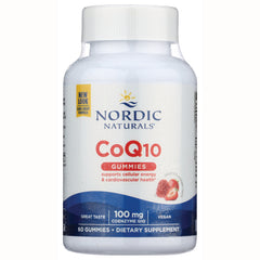 NRN088 | Nordic Naturals CoQ10 gummies bottle label showing 100 mg, 60 gummies, vegan, strawberry