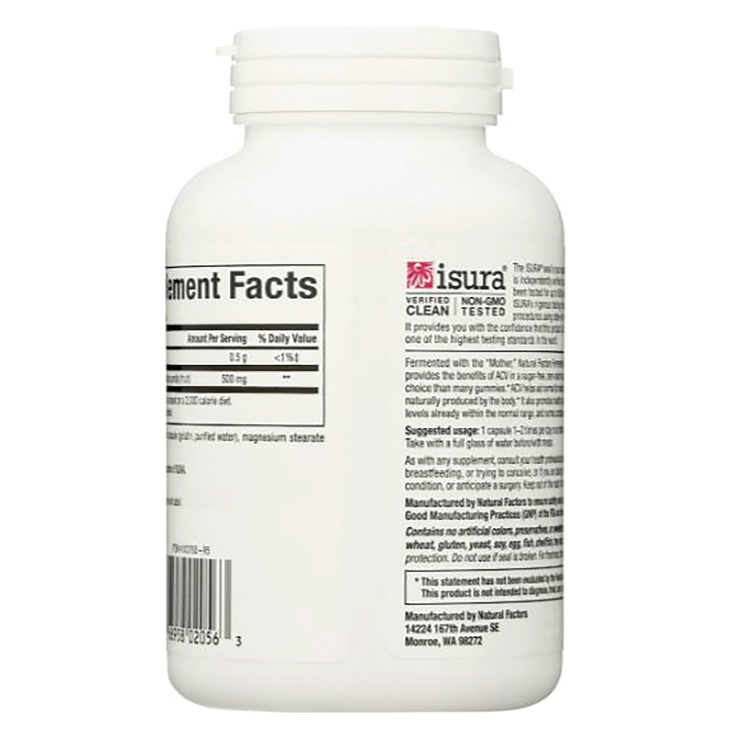 NFC018 | back of white supplement bottle showing Supplement Facts panel, small text and barcode