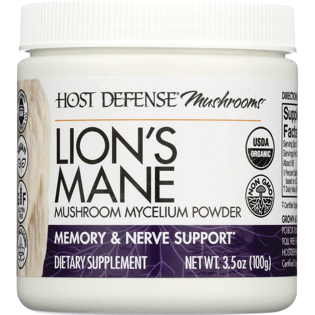 FUN028 | Lion's Mane mushroom mycelium powder jar, dietary supplement labeled memory & nerve support - Thumbnail