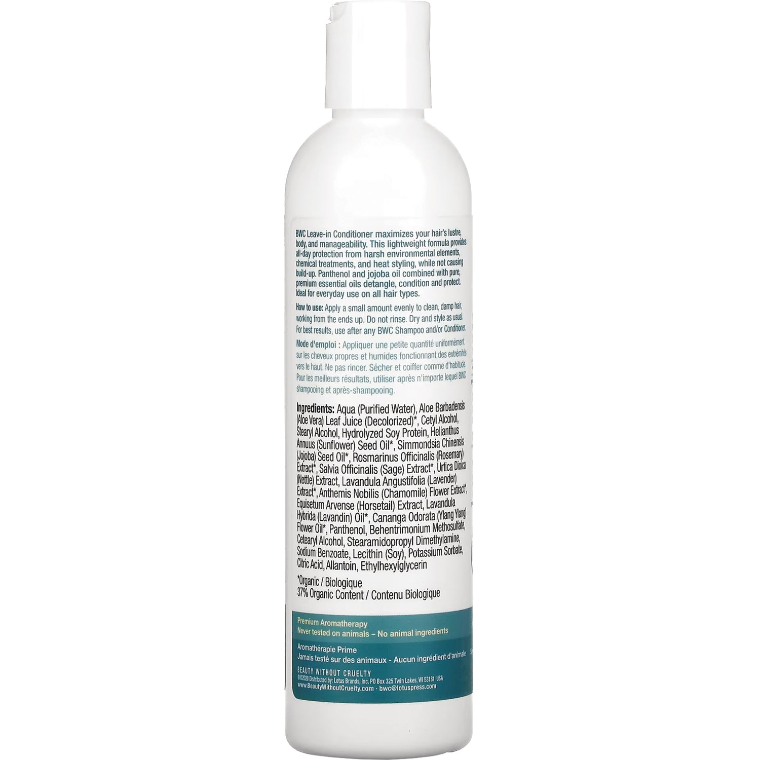 BWC087 | Back of white hair conditioner bottle showing ingredient list, usage directions, and certification panel