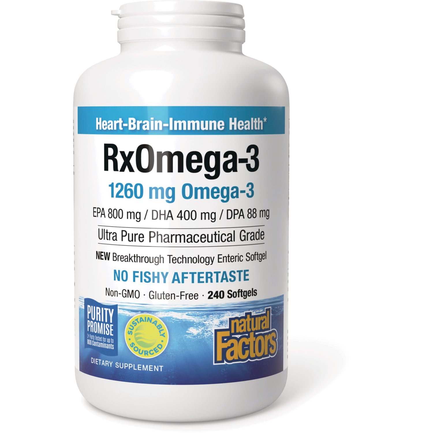 NFC048 | Front view of white Natural Factors RxOmega-3 1260 mg omega-3 bottle labeled 240 softgels, no fishy aftertaste