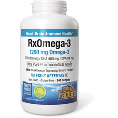 NFC048 | Front view of white Natural Factors RxOmega-3 1260 mg omega-3 bottle labeled 240 softgels, no fishy aftertaste
