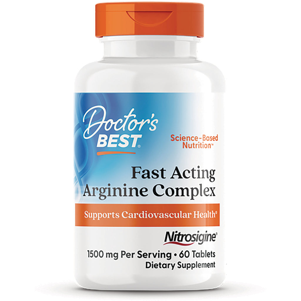 DB289 | White bottle with orange cap labeled Doctor's Best Fast Acting Arginine Complex supports cardiovascular health, 60 tablets - Thumbnail