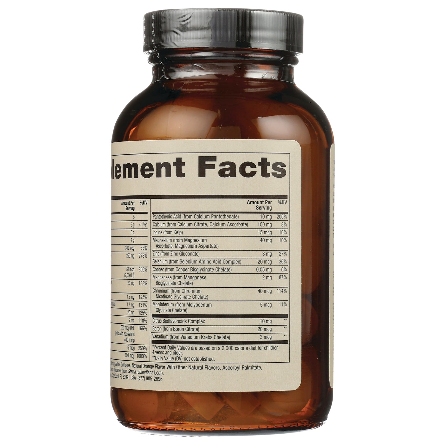 MRC044 | back of amber supplement bottle showing Supplement Facts label and nutrition facts table