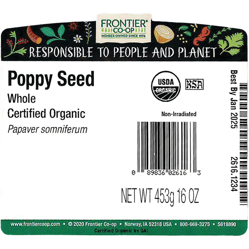FNP079 | Back label showing Frontier Co-op Poppy Seed whole certified organic label with barcode, USDA Organic seal, NET WT 453g 16 OZ - Thumbnail