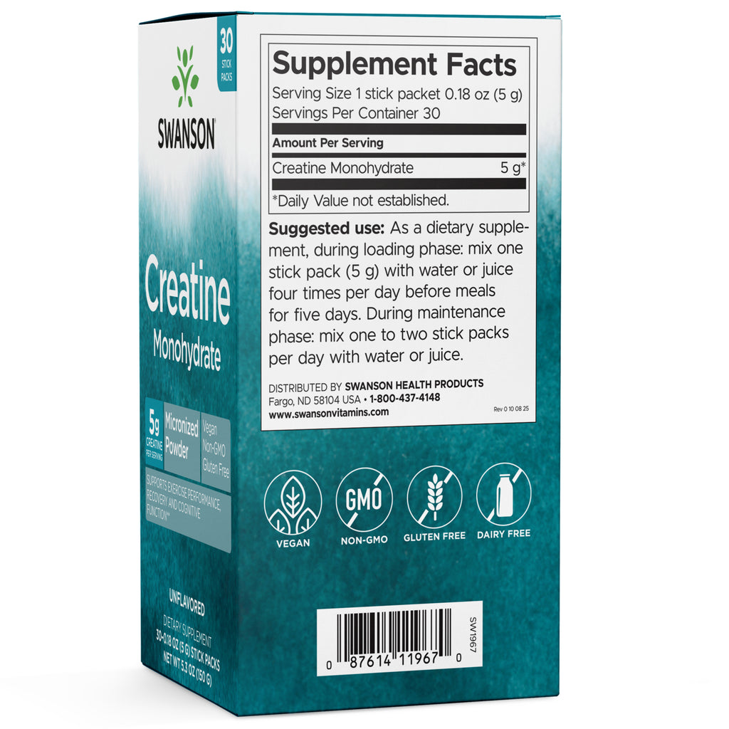 SW1967 | Supplement Facts and suggested use panel for Swanson Creatine Monohydrate 5 g stick packs - Thumbnail