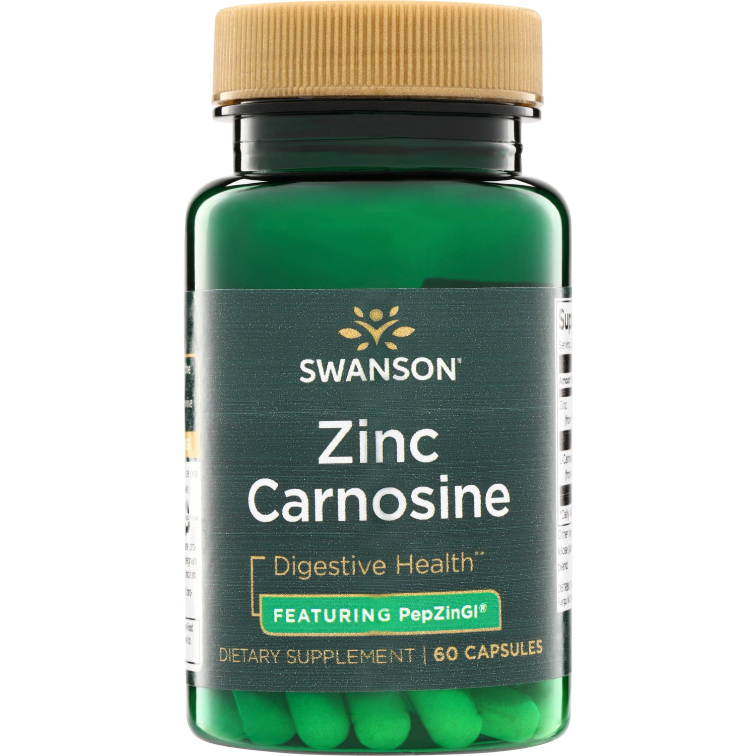 SWU281 | Swanson Zinc Carnosine supplement bottle, Digestive Health, Featuring PepZinGI, 60 capsules