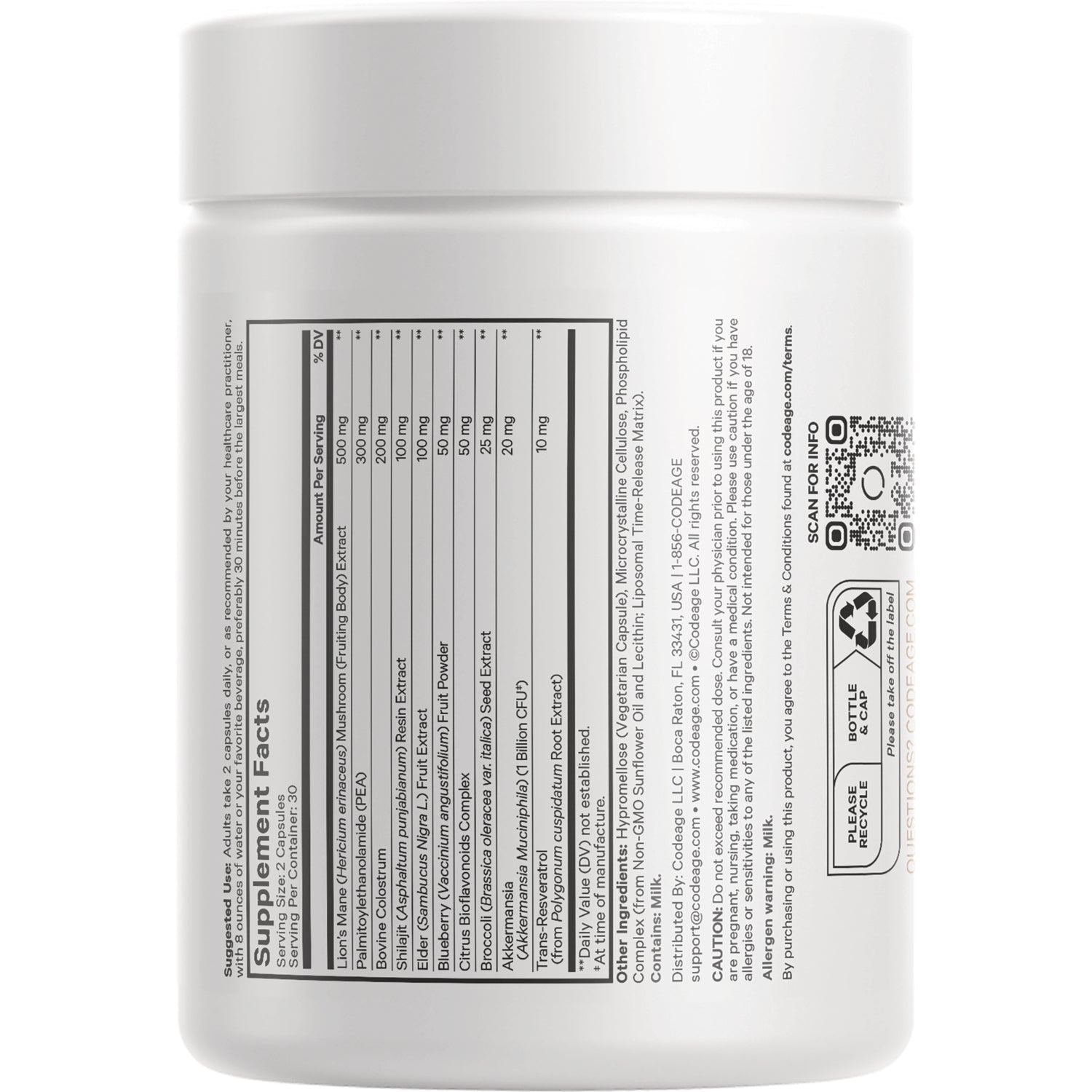 CDG003 | supplement facts panel, ingredients and recycling symbols on white bottle back