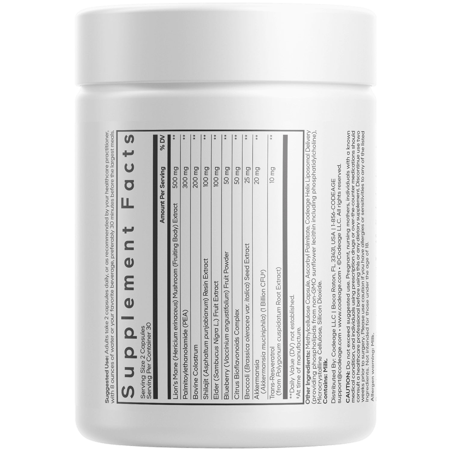 CDG003 | supplement facts panel, ingredients and recycling symbols on white bottle back