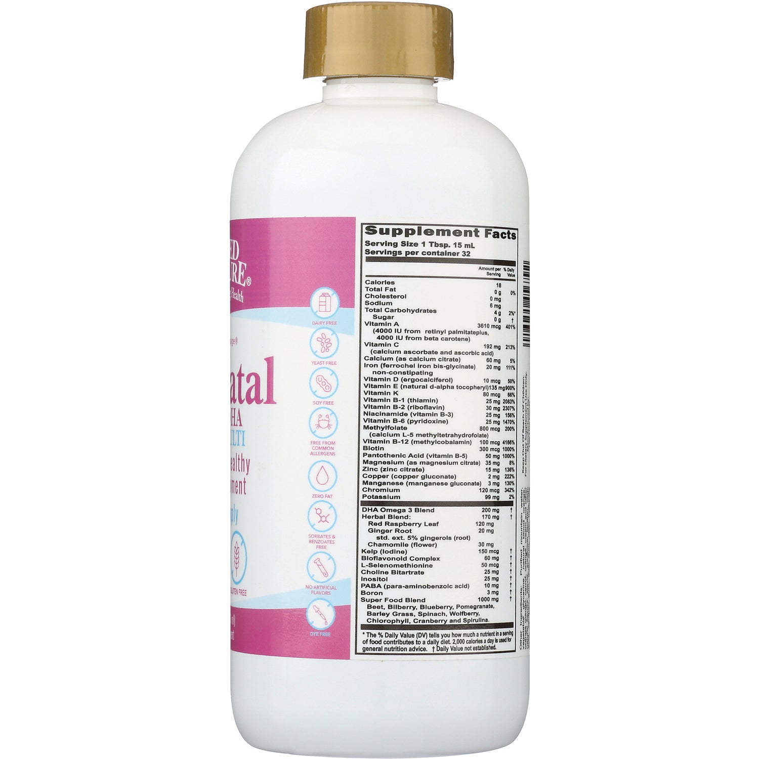BTR006 | Back of white supplement bottle showing supplement facts label and partial pink front panel