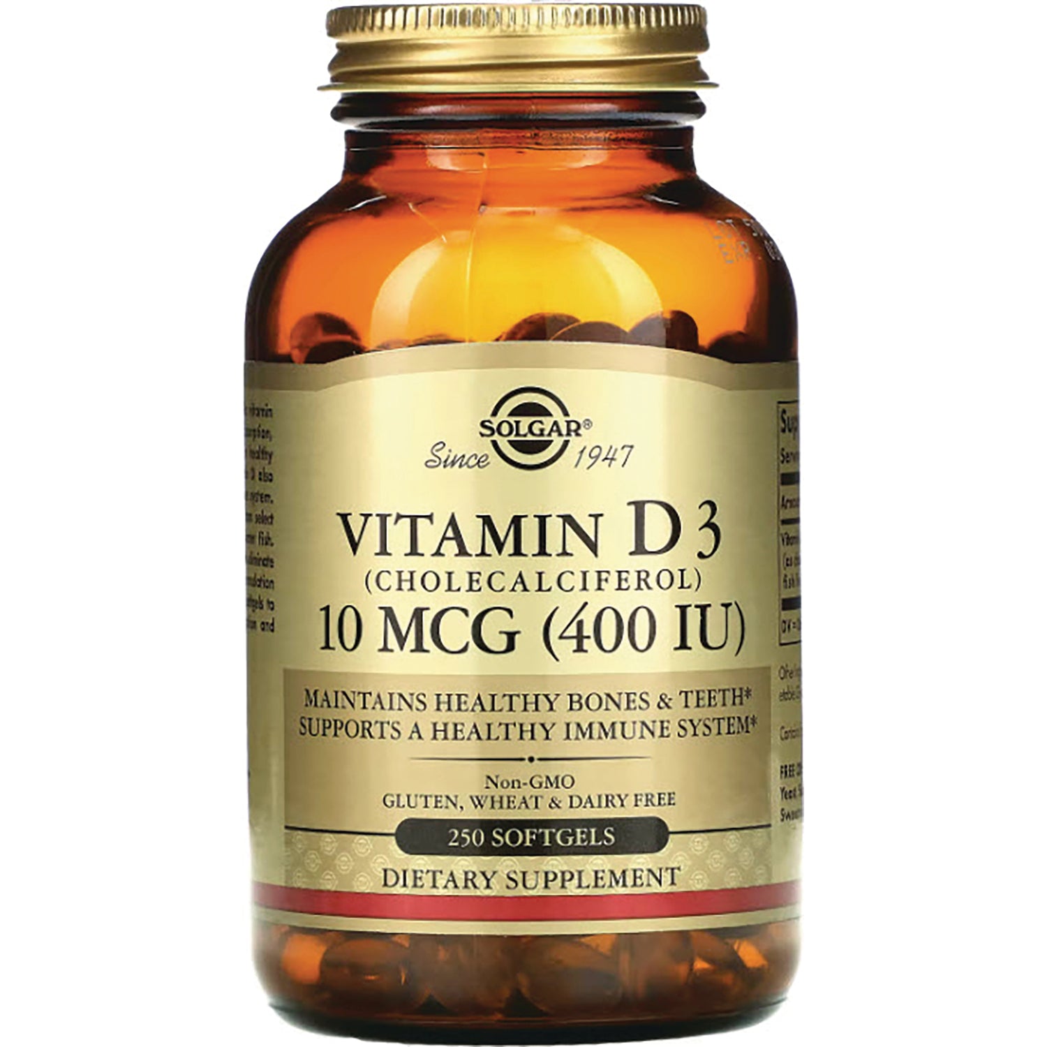 SLG242 | Solgar Vitamin D3 10 MCG (400 IU) amber bottle, 250 softgels front label