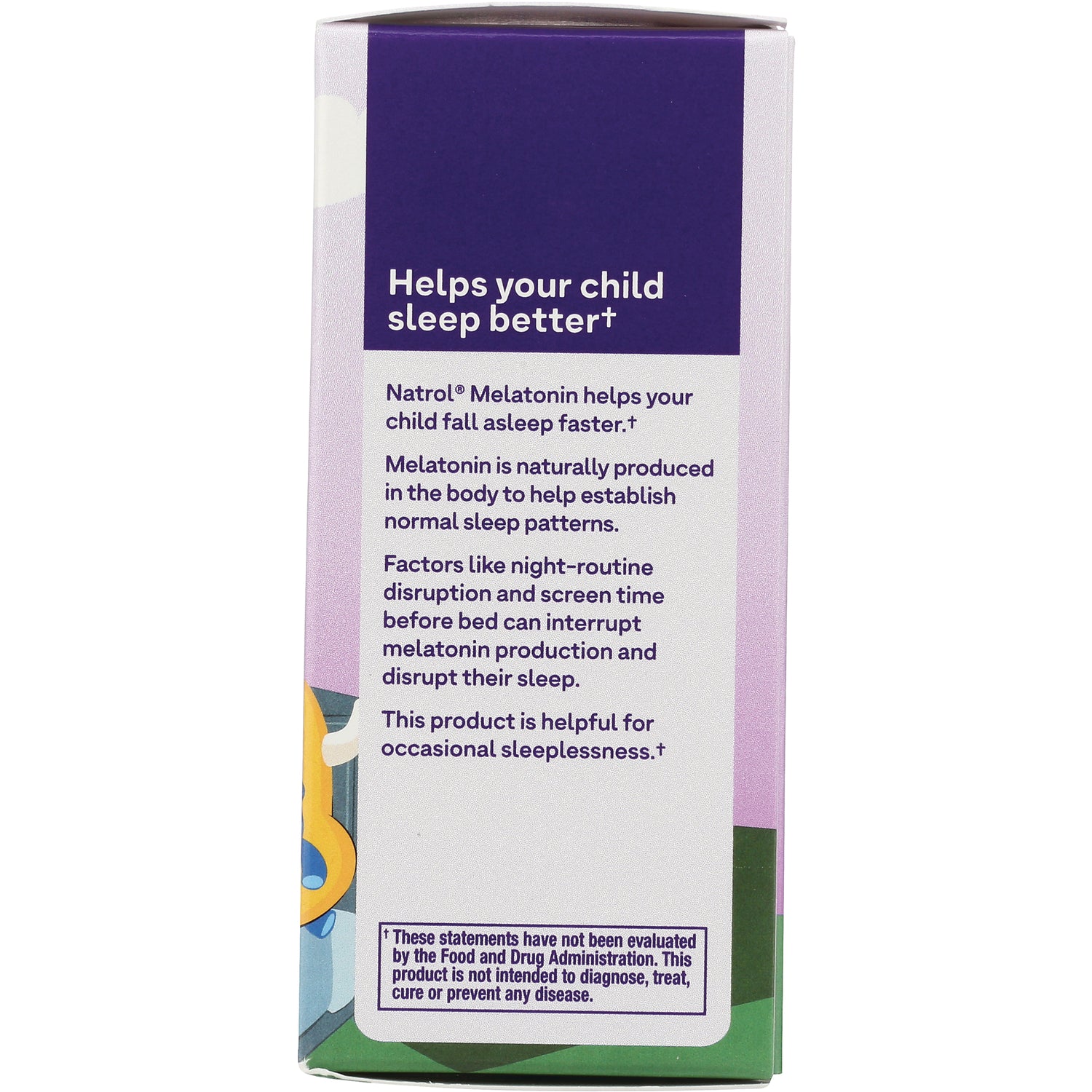 NA616 | product infographic reading Helps your child sleep better and explaining Natrol melatonin supports children's sleep