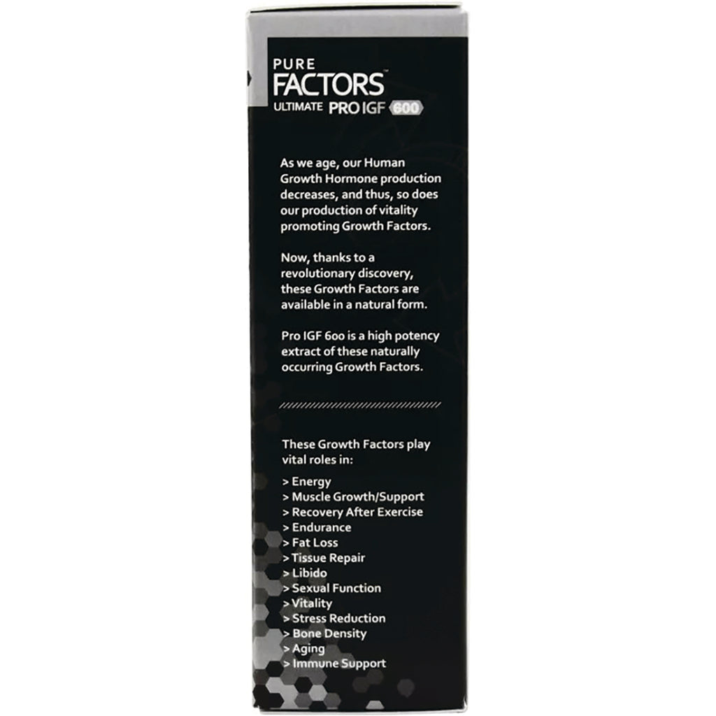 Pure Factors Pro IGF 600 side panel listing benefits: energy, muscle growth/support, recovery, endurance, immune support - Thumbnail
