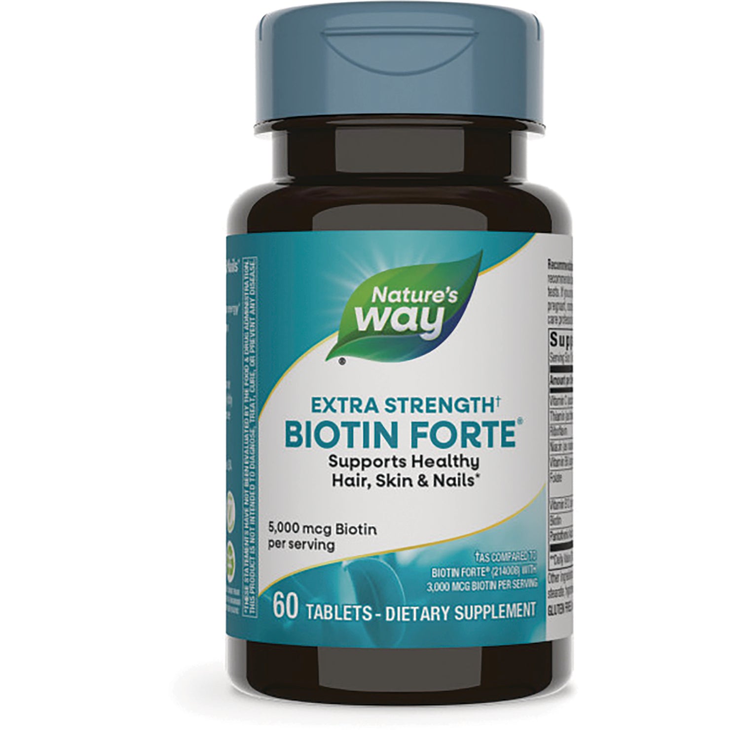 ET414 | Nature's Way Biotin Forte extra strength 5,000 mcg biotin 60 tablets bottle supports healthy hair, skin & nails