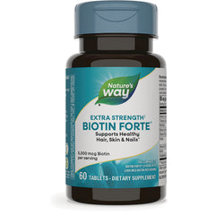 ET414 | Nature's Way Biotin Forte extra strength 5,000 mcg biotin 60 tablets bottle supports healthy hair, skin & nails