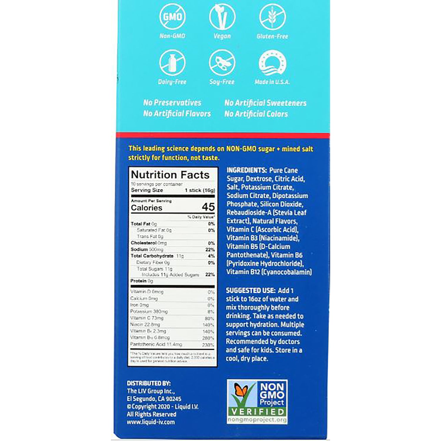 LQV003 | Back panel showing Nutrition Facts, ingredients, suggested use and non-GMO and vegan icons