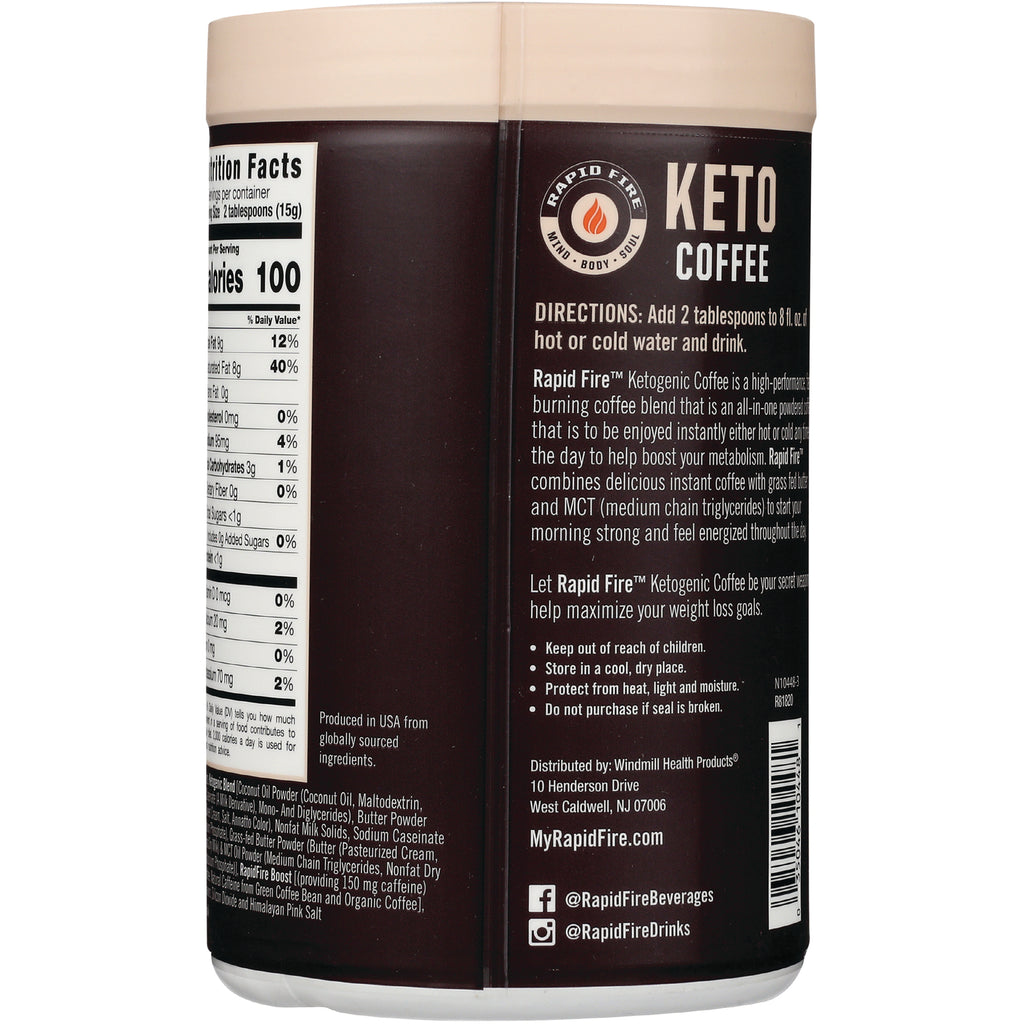 RPF002 | Back label of Rapid Fire Keto Coffee container with directions, ingredients, nutrition facts and barcode - Thumbnail