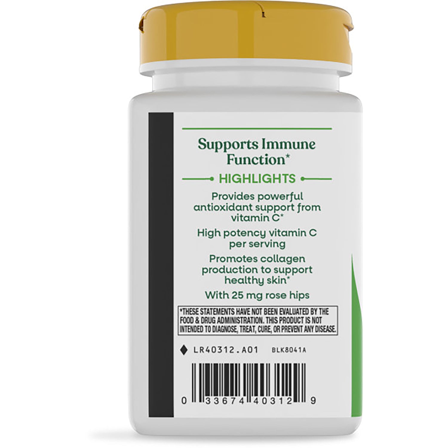 NW693 | Back label of vitamin bottle with yellow cap showing Supports Immune Function highlights, barcode and lot code