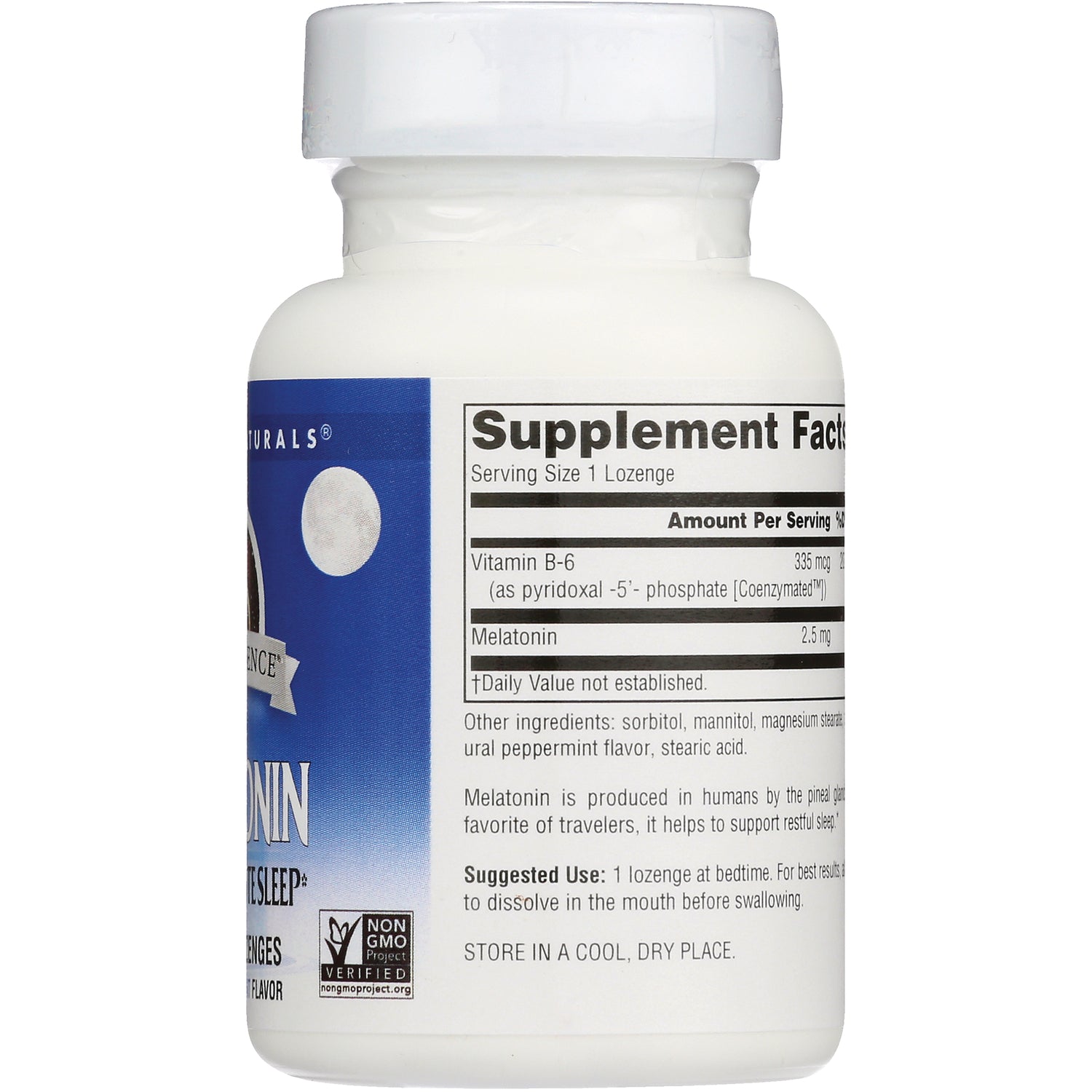 SN250 | Back label with Supplement Facts, ingredients, and suggested use for melatonin lozenges