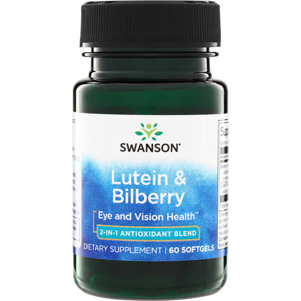 SWU989 | Swanson Lutein & Bilberry supplement bottle front, Eye and Vision Health, 2-in-1 Antioxidant Blend, 60 softgels - Thumbnail