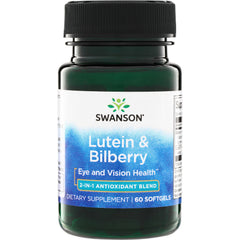 SWU989 | Swanson Lutein & Bilberry supplement bottle front, Eye and Vision Health, 2-in-1 Antioxidant Blend, 60 softgels