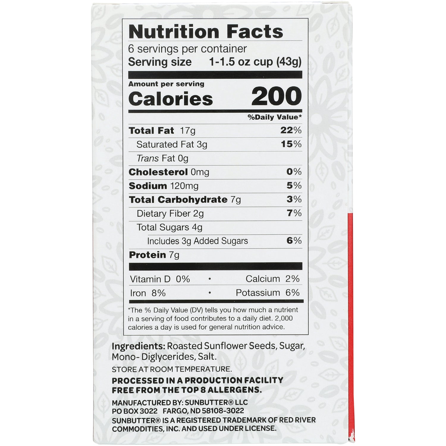 SBT009 | Back panel showing Nutrition Facts with Calories 200 and ingredients list