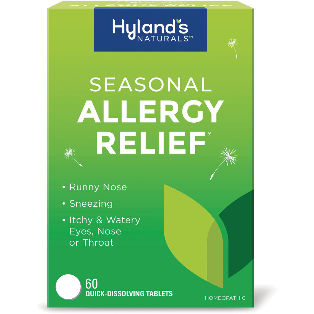 HY256 | Hyland's Naturals Seasonal Allergy Relief front panel, 60 quick-dissolving tablets listing runny nose, sneezing, itchy watery eyes - Thumbnail