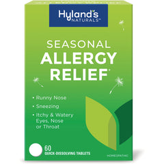 HY256 | Hyland's Naturals Seasonal Allergy Relief front panel, 60 quick-dissolving tablets listing runny nose, sneezing, itchy watery eyes