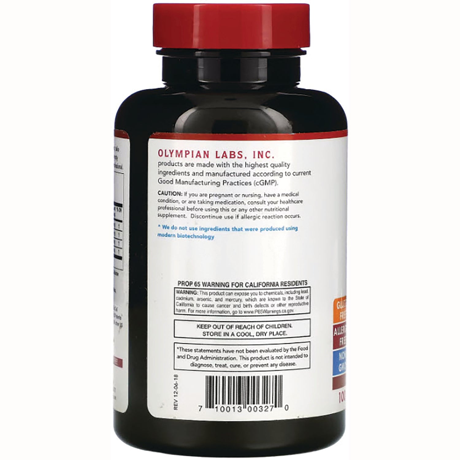 OL040 | back of dark supplement bottle showing white label with Olympian Labs text, warnings, and barcode